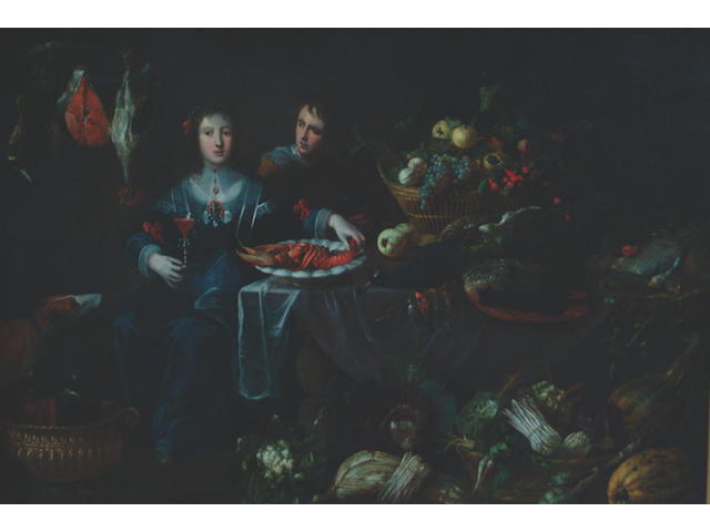 Antwerp School, 17th Century Figures by a banquet table laden with food,