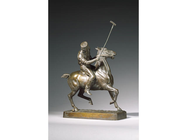 Walter Roche (English, fl. late 19th century): A bronze Figural Group of a polo player seated on horseback, 32cm. high
