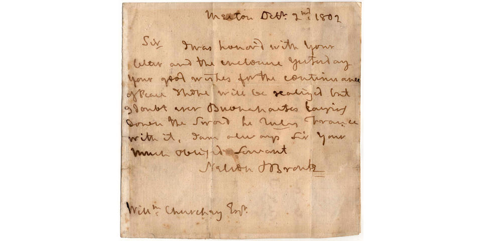 NELSON (HORATIO) Autograph letter signed ("Nelson & Bronte"), to William Churchey