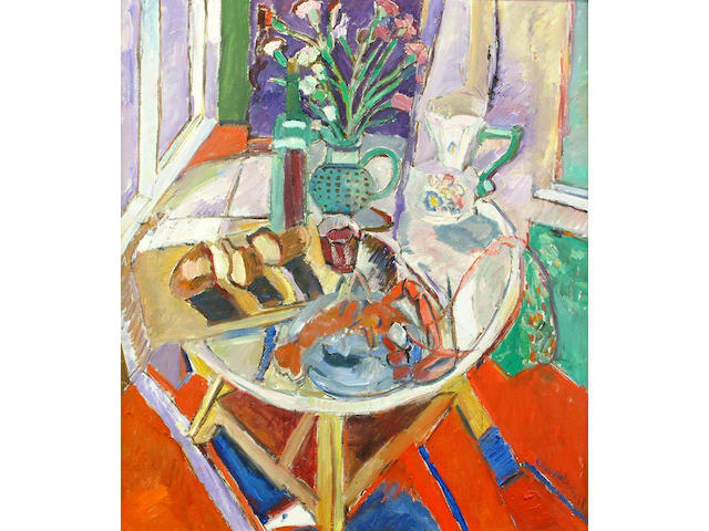 John Watson (British, 1923-1992) Still Life with Lobster, Bread and Wine 98 x 84 cm.