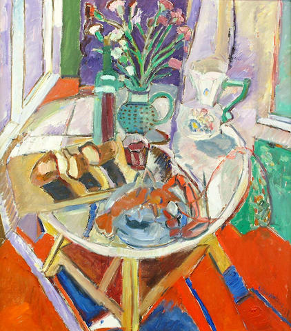 John Watson (British, 1923-1992) Still Life with Lobster, Bread and Wine 98 x 84 cm.