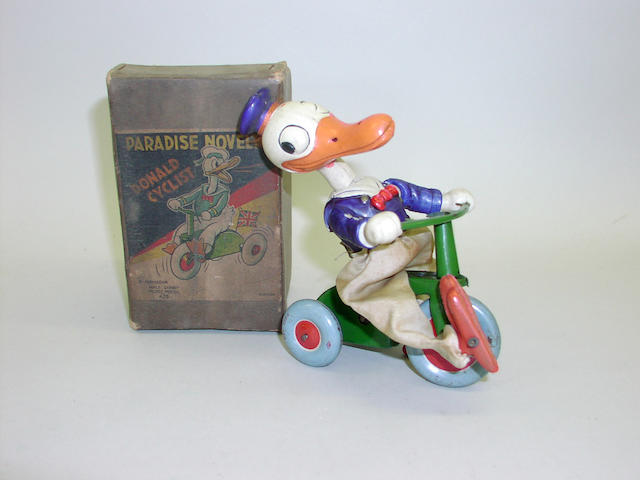A celluliod Donald Duck Cyclist  (G, box F, box dirty)