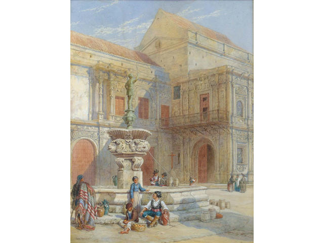 Thomas Macquoid (British, 1820-1912) Figures by a fountain in an Italian piazza 54.5 x 41 cm.