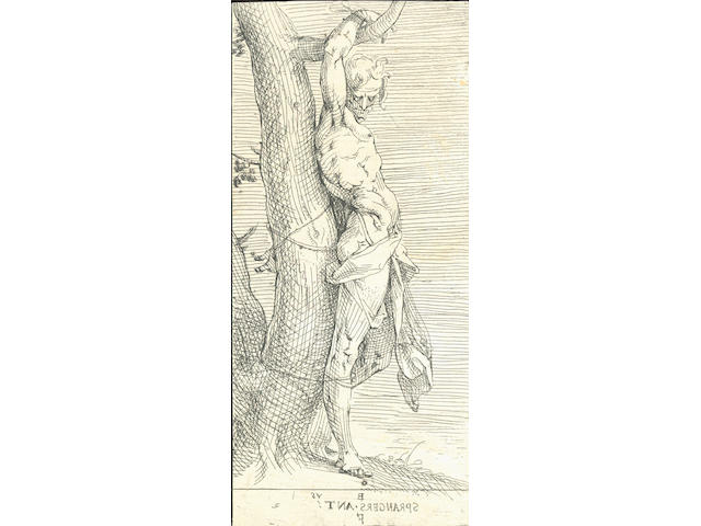 Bartholomeus Spranger Saint Sebastian bound to a tree Etching, a crisp impression of this rare print, on partial watermarked laid, trimmed at the sheet edges to the image on three sides, a 3mm trim along the top sheet edge; otherwisein good condition, 193mm x 87mm (7 2/3in x 3 1/3in)(I)