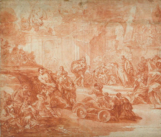 Attributed to Mattia Preti, Italian (1613-1699) Recto:Probatica Piscina   Verso: Venus and Adonis (?) and a profile sketch of a male head
