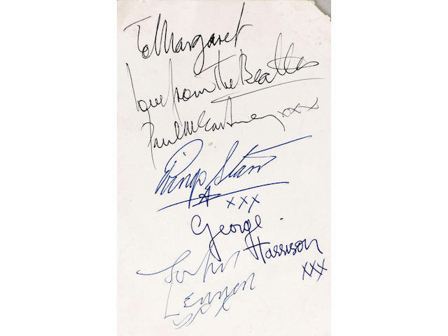 A promotional Parlophone card autographed by The Beatles Majestic Ballroom, Luton, April 17th 1963 9 x 15 cm. Some sellotape marks on front and paper loss on one corner - not affecting autographs,  the vendor of this Lot worked at the Majestic Ballroom when The Beatles played there,