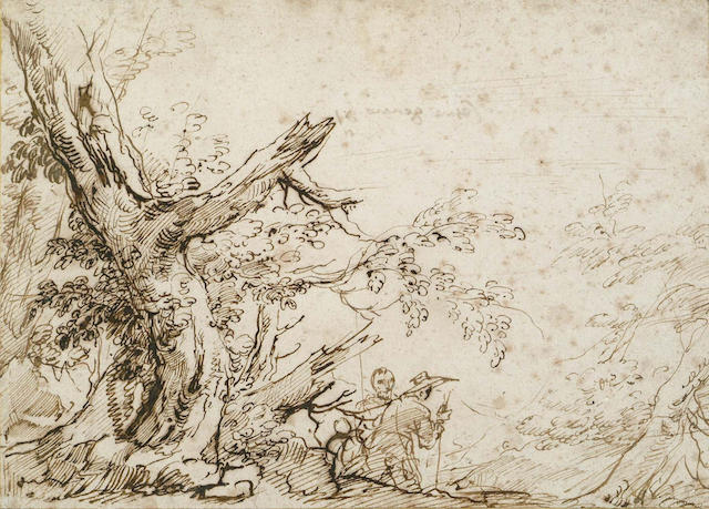Attributed to Cesare Gennari,Italian(1637-1688) Study of a tree within a landscape with two figures nearby