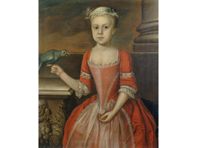 English School, 18th Century Portrait of a young girl, three-quarter-length, in a red dress and with a parrot perched on her hand 76.5 x 63.5 cm.