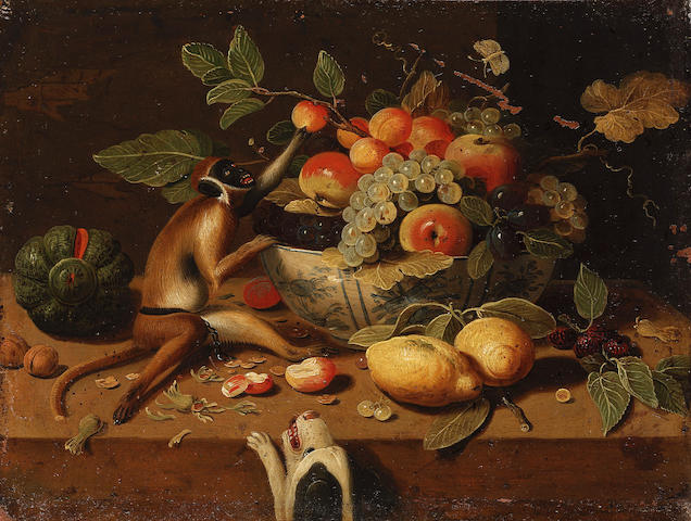 Studio of Jan van Kessel the Younger (Antwerp 1654-1708 Madrid) Two guinea pigs amongst cabbages, asparagus, a lemon and other fruit and vegetables beside a rock with an earthenware dish filled with roses; and A monkey picking fruit from a <i>wan-li kraak</i> bowl filled with grapes, peaches and apples, a melon, two lemons, blackberries and walnuts on a table top, a dog looking up from below 16.5 x 22 cm. (6&#189; x 8 5/8 in.)<BR>a pair (2)