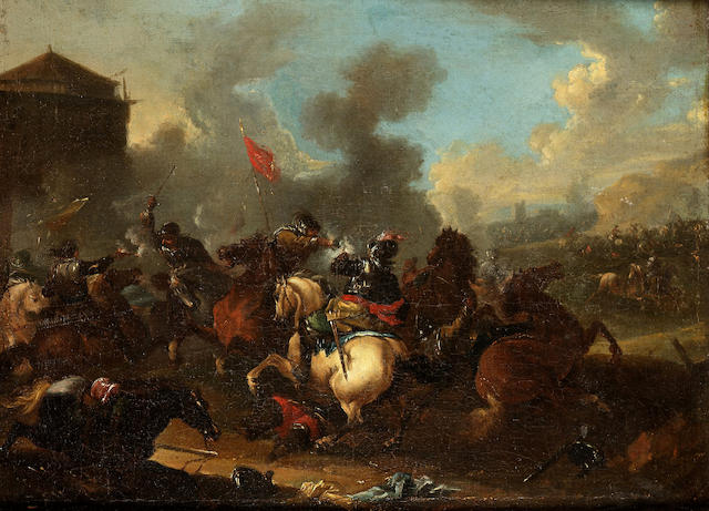 August Querfurt (Wolfenb&#252;ttel 1696-1761 Vienna) A cavalry engagement 44.6 x 60 cm. (17&#189; x 23 5/8 in.)