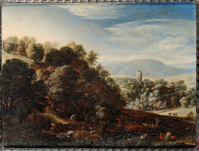 Herman Saftleven the Younger (Rotterdam 1609-1685 Utrecht) A wooded landscape with figures resting, a traveller crossing a bridge and a goatherd tending his flock, a view to a village and church beyond 20.2 x 26.5 cm. (8 x 10&#189; in.)