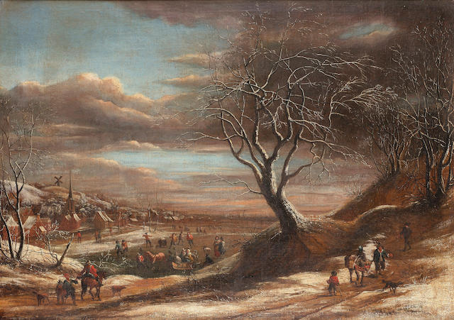 Th&#233;odore van Heil A winter landscape with travellers on a path and figures skating on a lake, a view to a village beyond58.9 x 82 cm. (23 1/8 x 32&#188; in.)