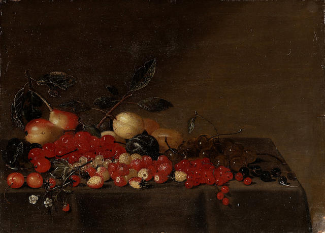 Floris Gerritsz. van Schooten (active Haarlem 1605-1655) Apples, plums, cherries, strawberries, redcurrants, and blackcurrants on a draped ledge 36.5 x 50.5 cm (14 3/8 x 19 3/4 in.)
