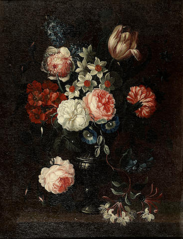 Simon Hardim&#233; (Antwerp 1672-1737 London) Roses, tulips, narcissi, morning glory and delphiniums with other flowers in a glass vase on a ledge 47.5 x 36.8 cm. (18&#190; x 14&#189; in.)