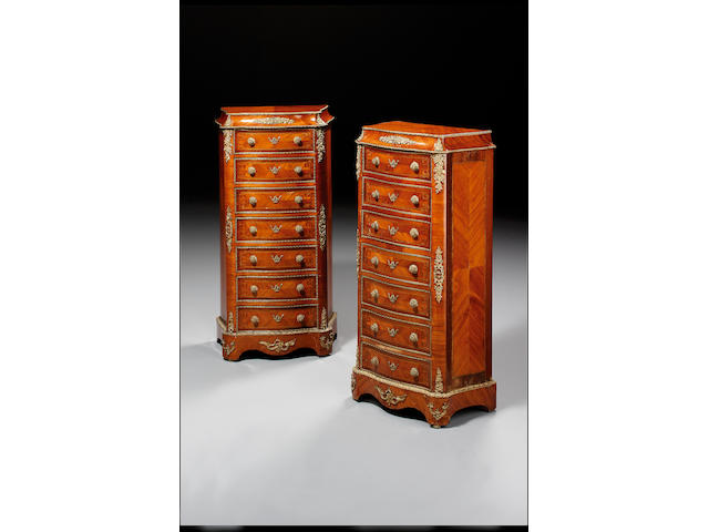 A pair of Louis XIV style kingwood and gilt metal mounted chests, 57 cm. wide, 32 cm. deep, 124 cm. high