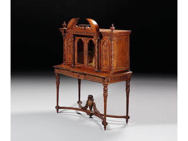 A Louis XVI style walnut and parquetry Side Cabinet 115cm. wide, 51cm. deep, 143cm. high.