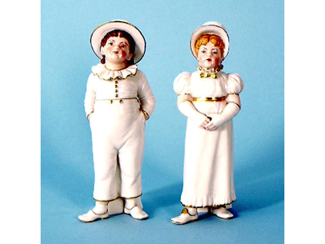 A pair of Royal Worcester figures after Hadley, dated 1881, he 18cm high, foot repaired, she 17.5cm high, (2). See Illustration.