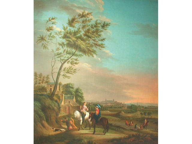 Central European School, 18th Century, Elegant figures on horseback, extensive landscape beyond, 202 x 173cm