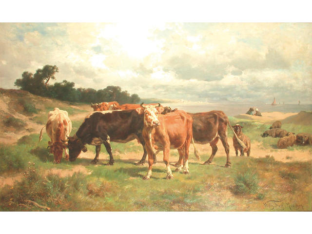 Wilhelm Frey (German, 1826-1911) Cattle and sheep in a coastal landscape 95.5 x 154.5cm