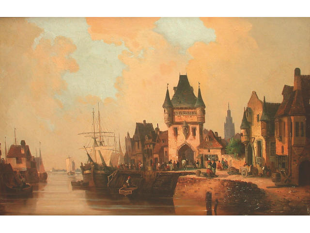Ludwig Hermann (German, 1812-1881) Busy quay side, Antwerp, 43.5 x 67.5cm