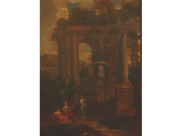 Attributed to Johannes Glauber Figures before a ruined arch 77 x 59cm