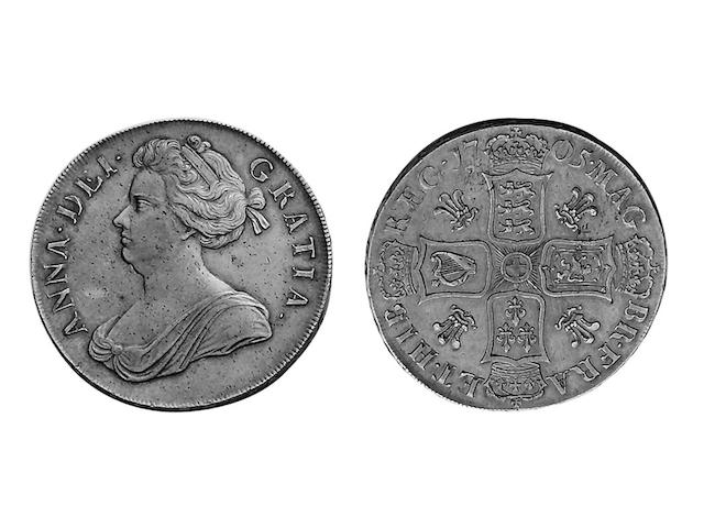 Anne (1702-1714), Crown, 1705 QVINTO, plumes in angles (S.3577).