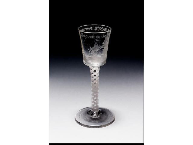 BRISTOL DEFIANCE PRIVATEER GLASS C.1757 THE BUCKET BOWL IS WHEEL ENGRAVED WITH A SAILING SHIP AND DI