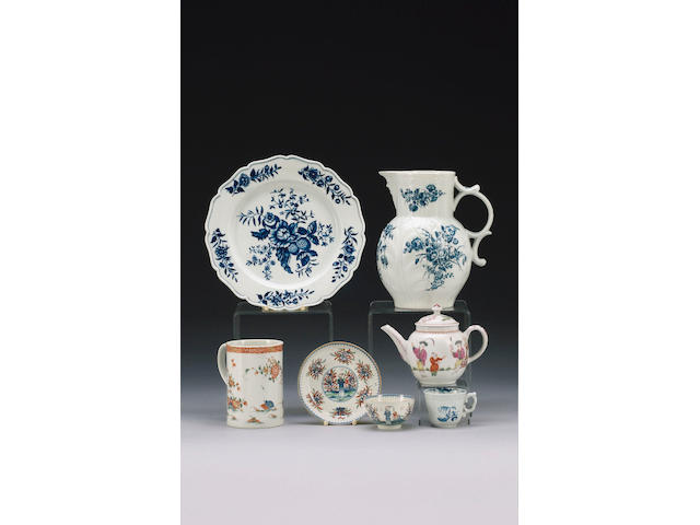 A Worcester 'Bouquets' cabbage leaf jug and a Worcester 'Pinecone' plate, circa 1775,
