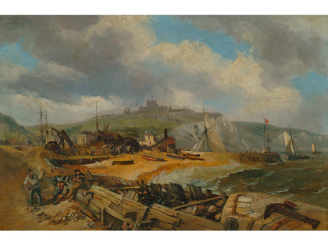 English School (19th Century) 'View of Dover from the beach with figures on a breakwater' 30 x 46cm