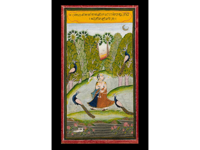 Kamhavati ragini, a lady worshipping Brahma; Gauri ragini, a lady with flower sprigs and peacocks; Asavari ragini, a tribal girl playing with snakes Bundi, mid 18th Century