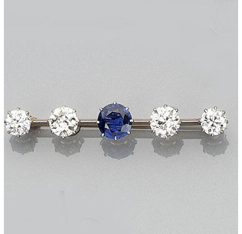 A diamond and sapphire bar brooch