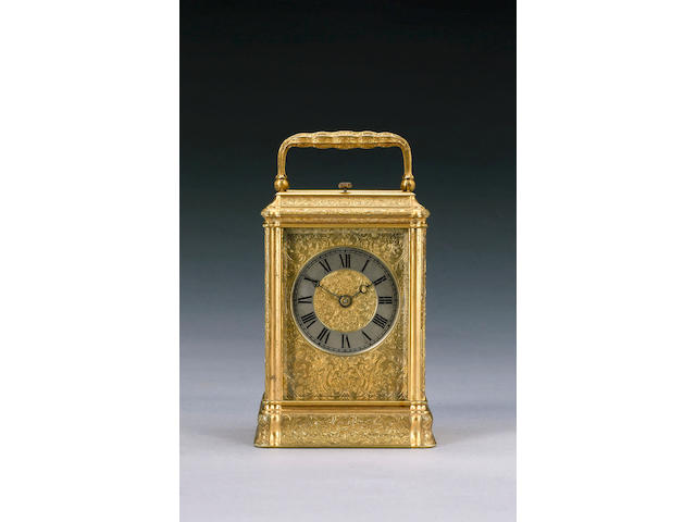 A French mid 19th century gilt brass petite sonnerie striking carriage clock with push repeat Movement signed Lewis & Son, Paris