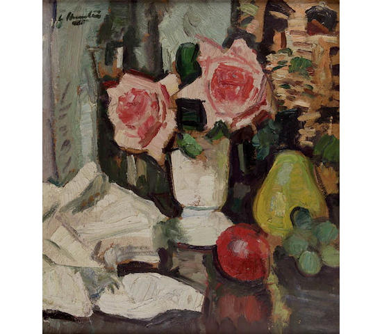 George Leslie Hunter (1877-1931) Still life of pink roses and fruit 40cm x 35cm (15.75in. x 13.75in.)