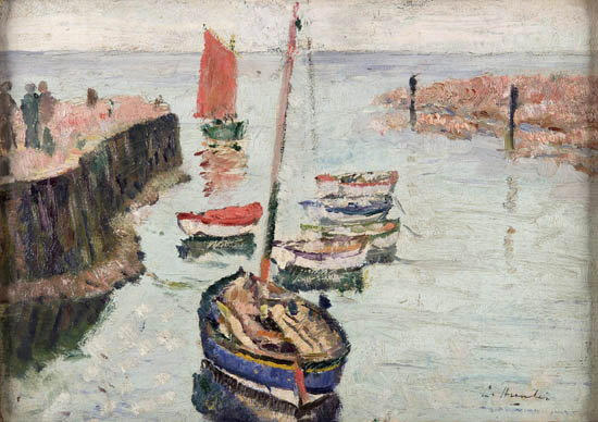 George Leslie Hunter (1877-1931) The Red Sail, Largo harbour 25cm x 35cm (10in. x 13.75in.)