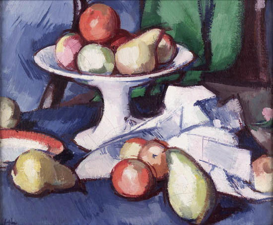 Samuel John Peploe R.S.A. (1871-1935) Still life of fruit, comport and pink rose 37.5cm x 45cm (15in. x 18in.)
