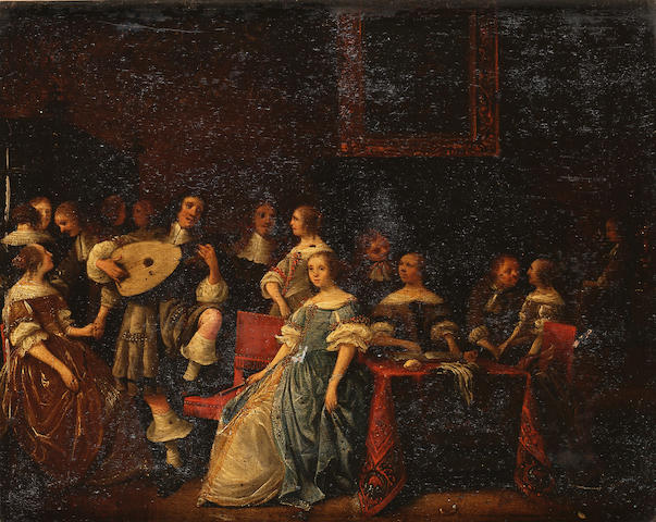 Anthonie Palamedesz., called Stevers An elegant company making music in an interior, 35.3 x 44.5 cm. (13 7/8 x 17&#189; in.)