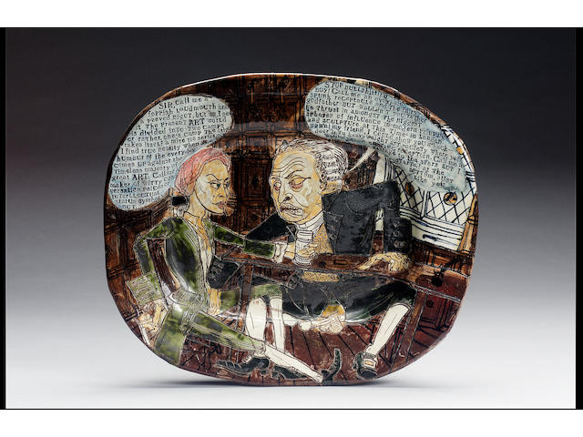 Grayson Perry 'Interlude with Norman Rosenthal' a Dish, early 1990's 14 1/2in. (37cm) x 16 1/2in. (42cm)