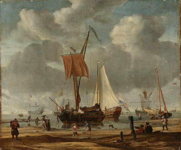 Abraham Storck,  A coastal landscape with pinks, a state barge and a man o'war in a calm, with elegant figures and fishermen on the shore, 32.5 x 38 cm. (12&#190; x 15 in.)