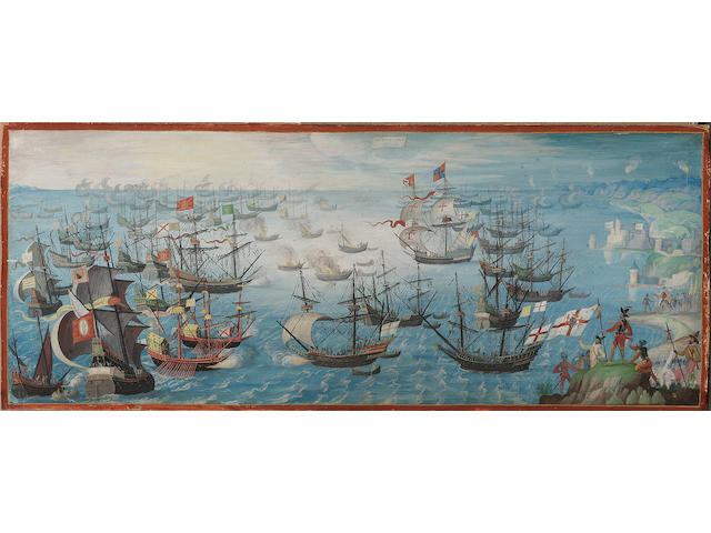 Dutch School, circa 1604-09 The conflict between the English Fleet and the Spanish Armada during the launching of English fireships on the Spanish fleet off Calais, with troops holding an English standard in the foreground and Queen Elizabeth I on horseback attended by a nobleman, possibly the Earl of Leicester, beyond, 14 x 35 cm.(5&#189; x 13&#190; in.)