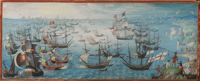 Dutch School, circa 1604-09 The conflict between the English Fleet and the Spanish Armada during the launching of English fireships on the Spanish fleet off Calais, with troops holding an English standard in the foreground and Queen Elizabeth I on horseback attended by a nobleman, possibly the Earl of Leicester, beyond, 14 x 35 cm.(5&#189; x 13&#190; in.)