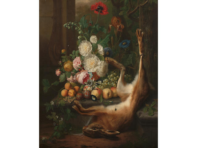 Joris Ponse, Flowers with fruit on a stone ledge with a dead hare amidst ruins in a landscape, 93.5 x 77 cm. (36&#190; x 30&#188; in.)