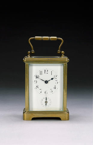 A French early 20th century lacquered brass carriage alarm clock Movement stamped JUST