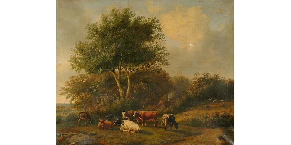 Louis Pierre Verwee (Belgin, 1807-1877) Cattle grazing in a wooded landscape 62 x 76.5 cm.