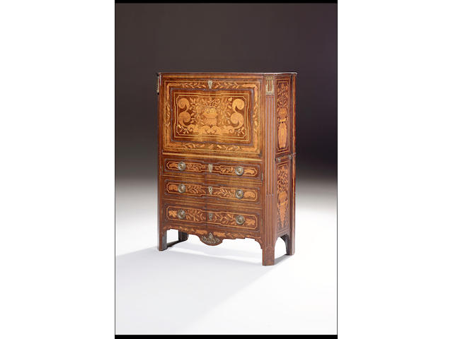 A late 18th / early 19th century Dutch mahogany and floral marquetry secretaire a abbatant