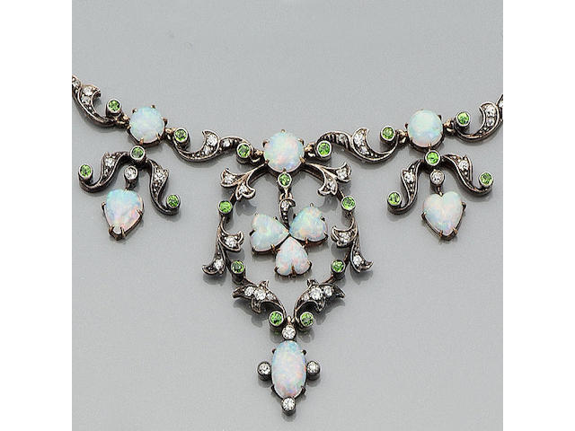 A late Victorian opal, diamond and garnet necklace