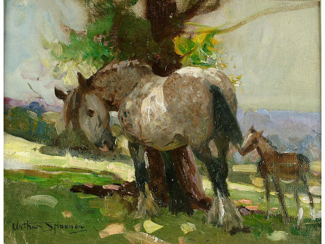 Arthur Spooner (British, 1873-1962) Mare and foal under a tree 36 x 43 cm.