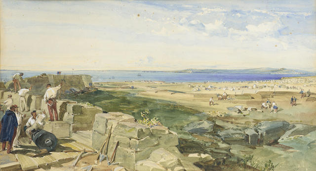 William Simpson R.I., R.B.A., (British, 1823-1899) The new defences, Yenikale, Crimea 28.3 x 50.2 cm. (11 1/8 x 19 3/4 in.)