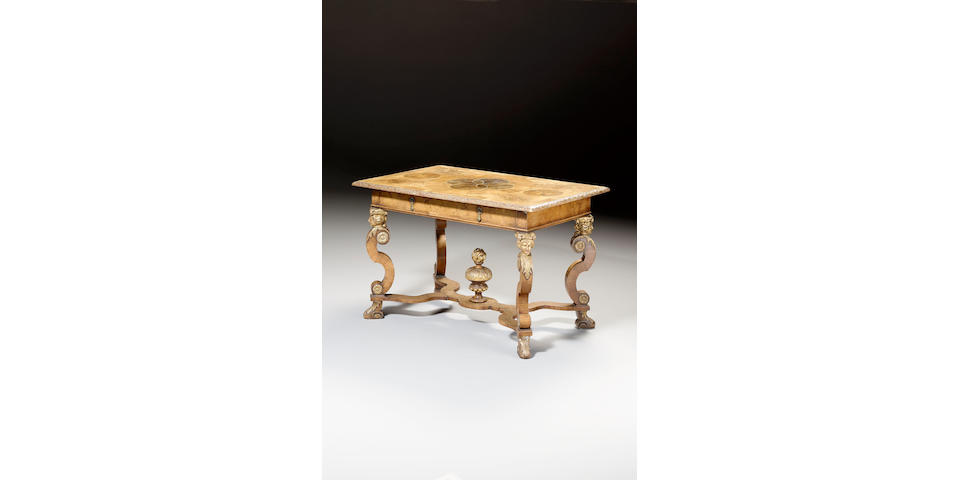 A William and Mary style walnut, oyster veneered and parcel gilt Side Table