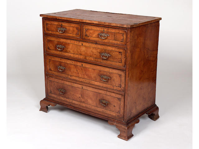 A walnut and inlaid chest of drawers, 92cm x 91.5cm x 50.5cm,