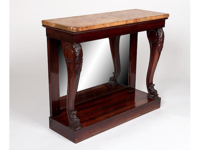 A Regency rosewood marble top console table, 93.5cm x 111.5cm x 41cm,